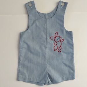 Vintage Toddler Bunny Embroidered Shortall Romper Blue 4T Easter‎